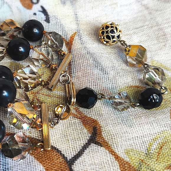 Triple Strand Glass Crystal Smoke Aurora Borealis Vintage Beaded Necklace Black - Picture 5 of 10